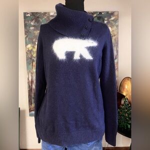 Talbots Sweater Women PS Dark Blue Wool Angora Blend Button Cowl Neck Polar Bear